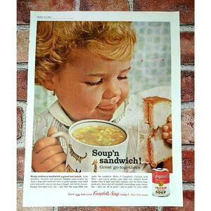 Campbell's Soup N Sandwich - Girl Bowl Chicken Soup - 1961 Vtg PRINT AD Ephemera